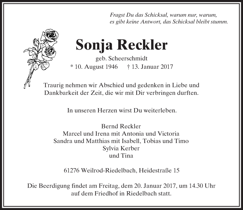  Traueranzeige für Sonja Reckler vom 17.01.2017 aus  Usinger Anzeiger