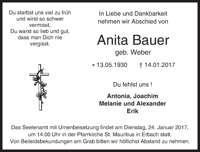  Traueranzeige für Anita Bauer vom 19.01.2017 aus  Camberger Anzeiger