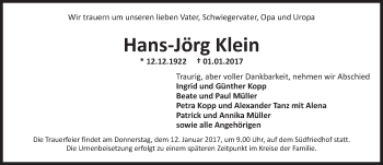 Traueranzeige von Hans-Jörg Klein von Trauerportal Rhein Main Presse