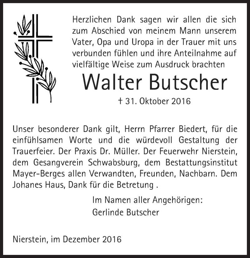 Traueranzeige für Walter Butscher vom 02.01.2017 aus Trauerportal Rhein Main Presse
