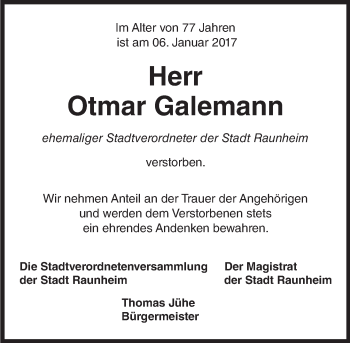 Traueranzeige von Otmar Galemann von Trauerportal Rhein Main Presse