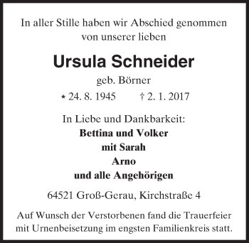Traueranzeige von Ursula Schneider von Trauerportal Echo Online
