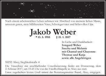 Traueranzeige von Jakob Weber von Trauerportal Rhein Main Presse