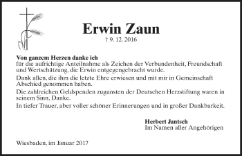 Traueranzeige von Erwin Zaun von Trauerportal Rhein Main Presse