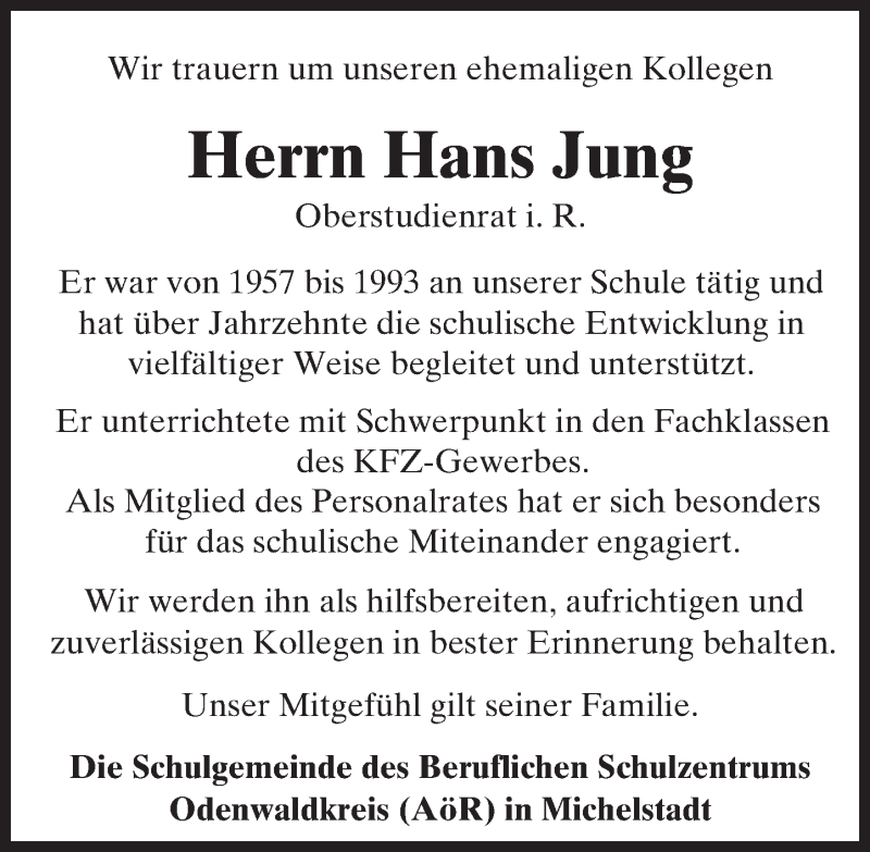  Traueranzeige für Hans Jung vom 07.01.2017 aus Trauerportal Echo Online