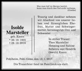 Traueranzeige von Isolde Marsteller von  Gießener Anzeiger