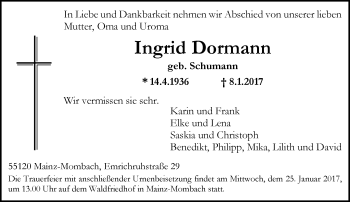 Traueranzeige von Ingrid Dormann von Trauerportal Rhein Main Presse