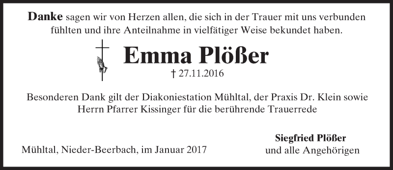  Traueranzeige für Emma Plößer vom 07.01.2017 aus Trauerportal Rhein Main Presse