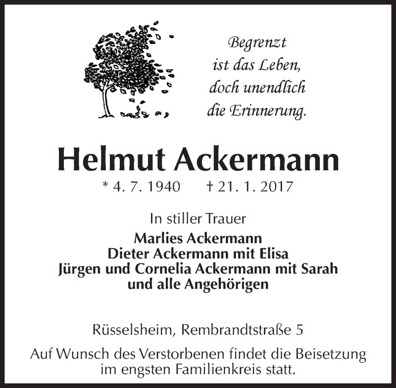  Traueranzeige für Helmut Ackermann vom 28.01.2017 aus Trauerportal Rhein Main Presse