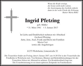 Traueranzeige von Ingrid Pfetzing von  Usinger Anzeiger