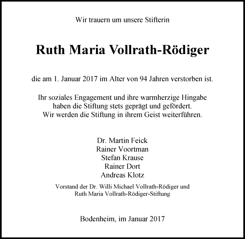 Traueranzeige für Ruth Maria Vollrath-Rödiger vom 07.01.2017 aus Trauerportal Rhein Main Presse