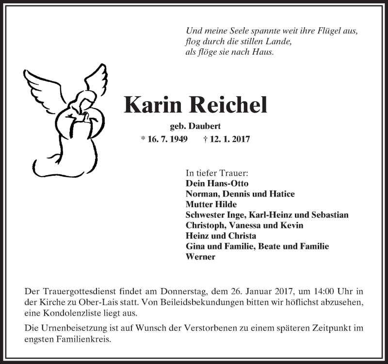  Traueranzeige für Karin Reichel vom 21.01.2017 aus  Kreisanzeiger