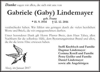 Traueranzeige von Gabriele Lindemayer von Trauerportal Rhein Main Presse