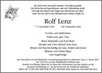 Traueranzeige von Rolf Lenz von Trauerportal Rhein Main Presse