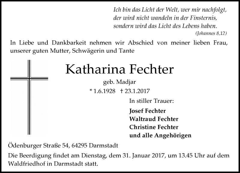  Traueranzeige für Katharina Fechter vom 28.01.2017 aus Trauerportal Echo Online