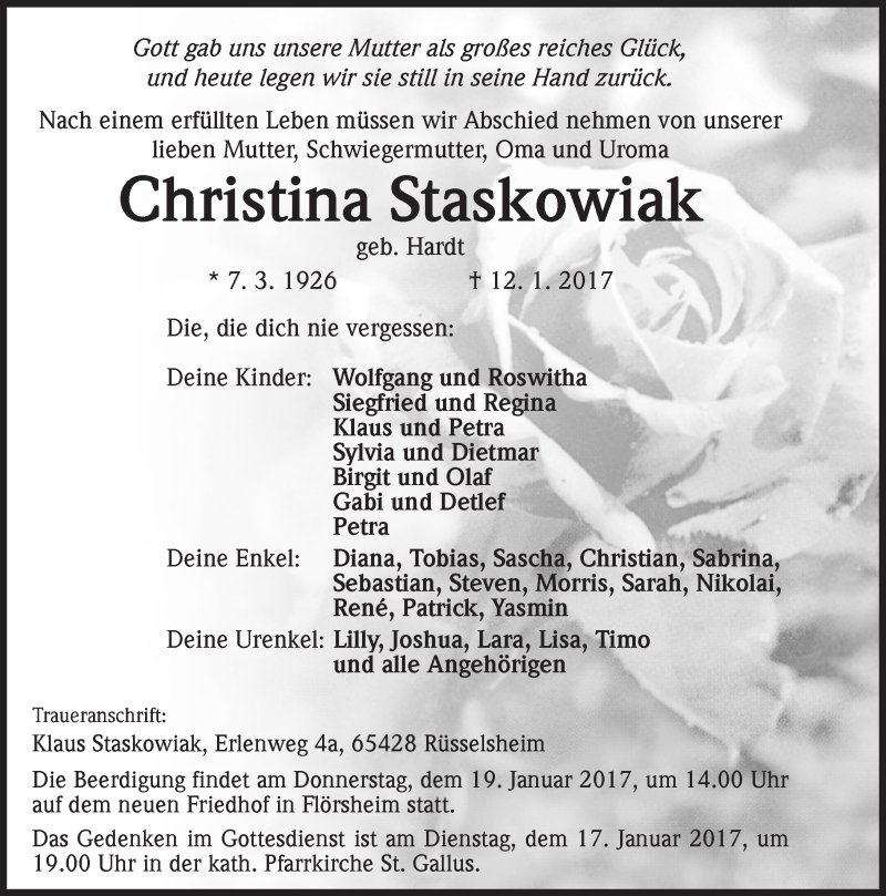  Traueranzeige für Christina Staskowiak vom 14.01.2017 aus Trauerportal Rhein Main Presse