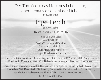 Traueranzeige von Inge Lerch von Trauerportal Echo Online