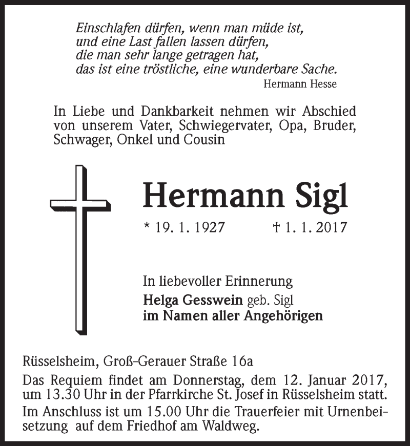  Traueranzeige für Hermann Sigl vom 07.01.2017 aus Trauerportal Rhein Main Presse