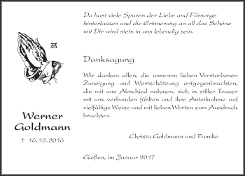Traueranzeige von Werner Goldmann von  Gießener Anzeiger