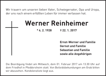 Traueranzeige von Werner Reinheimer von Trauerportal Rhein Main Presse