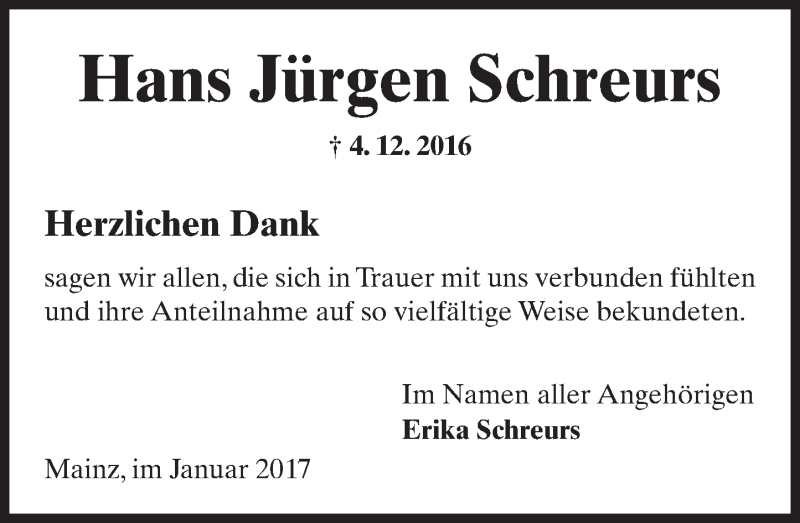  Traueranzeige für Hans Jürgen Schreurs vom 28.01.2017 aus Trauerportal Rhein Main Presse