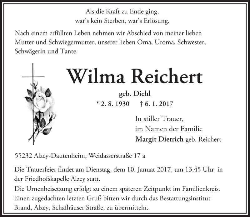  Traueranzeige für Wilma Reichert vom 07.01.2017 aus Trauerportal Rhein Main Presse