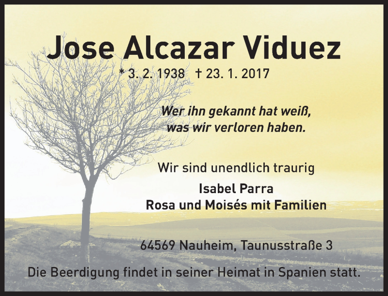  Traueranzeige für Jose Alcazar Viduez vom 28.01.2017 aus Trauerportal Rhein Main Presse