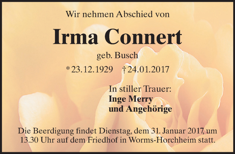  Traueranzeige für Irma Connert vom 28.01.2017 aus Trauerportal Rhein Main Presse