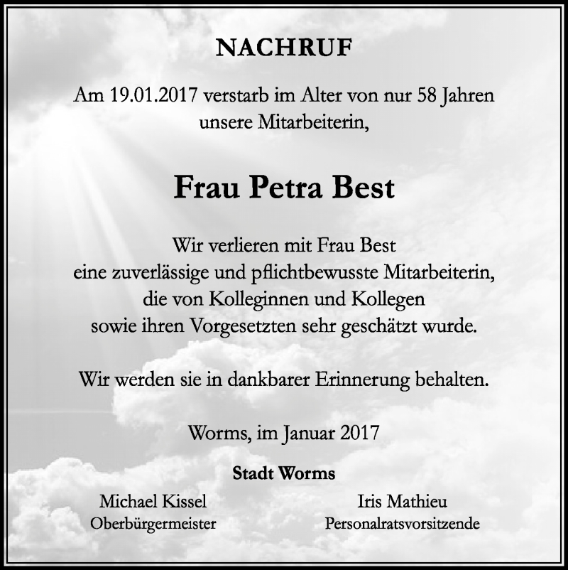  Traueranzeige für Petra Best vom 31.01.2017 aus Trauerportal Rhein Main Presse