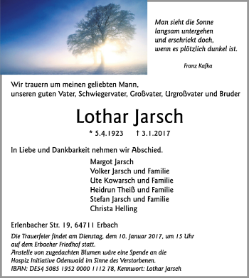 Traueranzeige von Lothar Jarsch von Trauerportal Echo Online