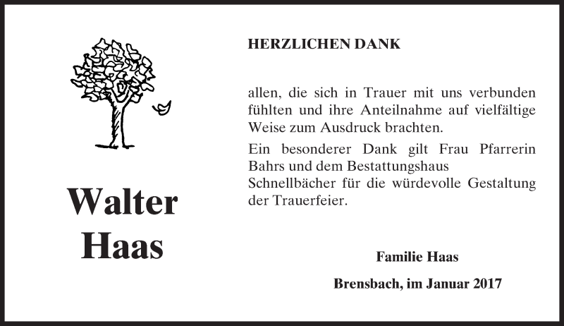  Traueranzeige für Walter Haas vom 07.01.2017 aus Trauerportal Echo Online