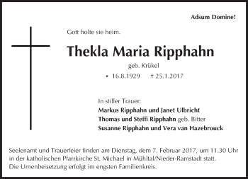 Traueranzeige von Thekla Maria Ripphahn von Trauerportal Echo Online