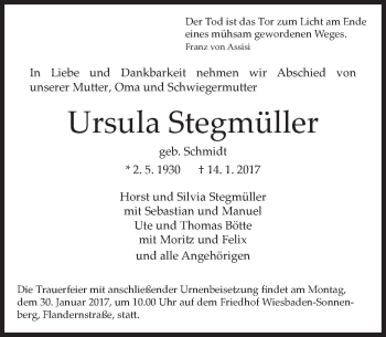 Traueranzeige von Ursula Stegmüller von Trauerportal Rhein Main Presse