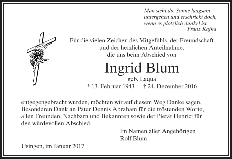  Traueranzeige für Ingrid Blum vom 14.01.2017 aus  Usinger Anzeiger