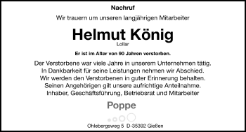 Traueranzeige von Helmut König von  Gießener Anzeiger