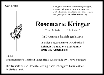 Traueranzeige von Rosemarie Krieger von VRM Trauer