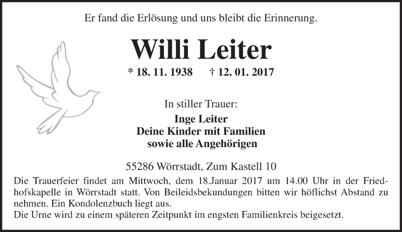  Traueranzeige für Willi Leiter vom 14.01.2017 aus Trauerportal Rhein Main Presse