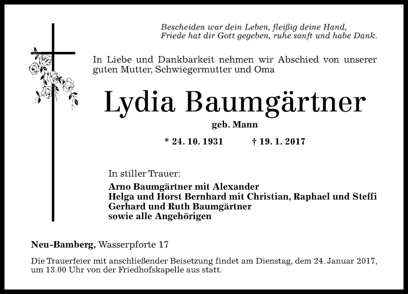  Traueranzeige für Lydia Baumgärtner vom 21.01.2017 aus Trauerportal Rhein Main Presse
