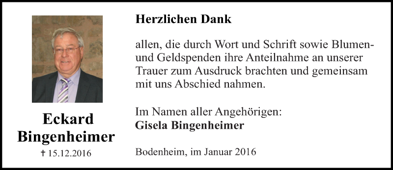  Traueranzeige für Eckard Bingenheimer vom 21.01.2017 aus Trauerportal Rhein Main Presse