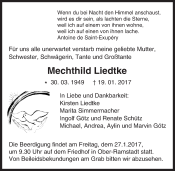 Traueranzeige von Mechthild Liedtke von Trauerportal Echo Online