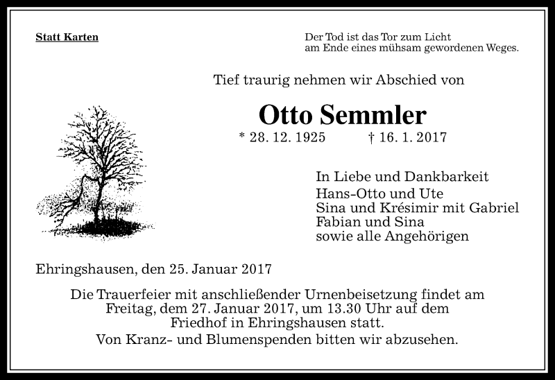  Traueranzeige für Otto Semmler vom 25.01.2017 aus VRM Trauer
