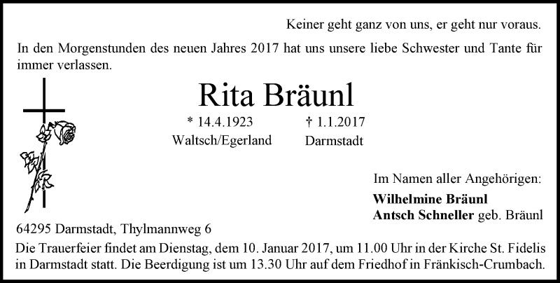  Traueranzeige für Rita Bräunl vom 07.01.2017 aus Trauerportal Echo Online
