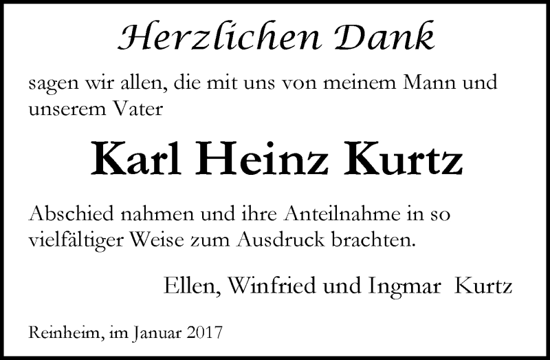  Traueranzeige für Karl Heinz Kurtz vom 21.01.2017 aus Trauerportal Echo Online