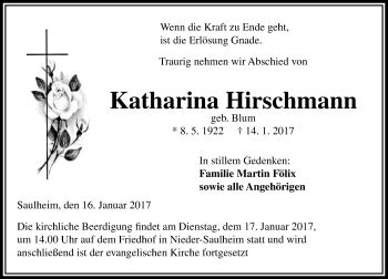 Traueranzeige von Katharina Hirschmann von Trauerportal Rhein Main Presse