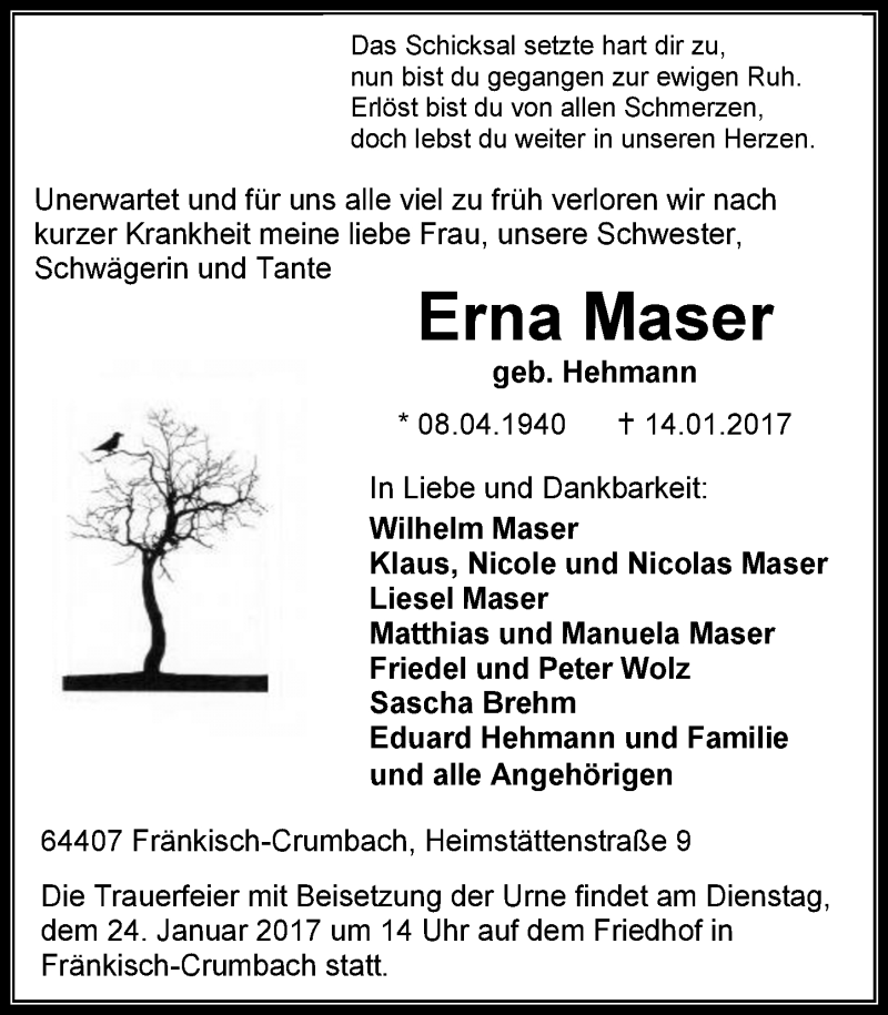  Traueranzeige für Erna Maser vom 21.01.2017 aus Trauerportal Echo Online