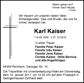 Traueranzeige von Karl Kaiser von Trauerportal Echo Online