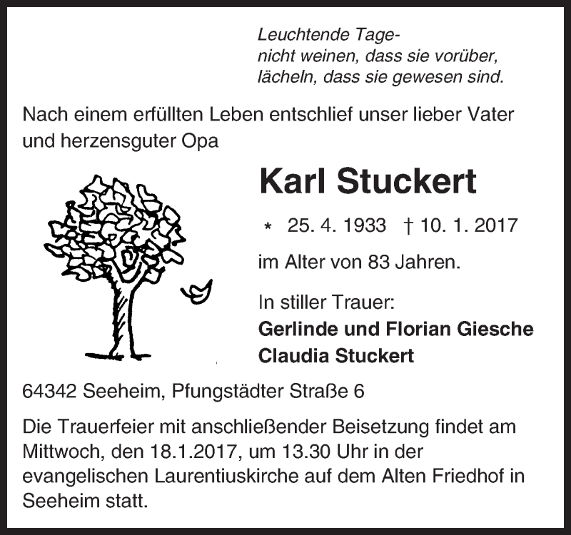  Traueranzeige für Karl Stuckert vom 14.01.2017 aus Trauerportal Echo Online