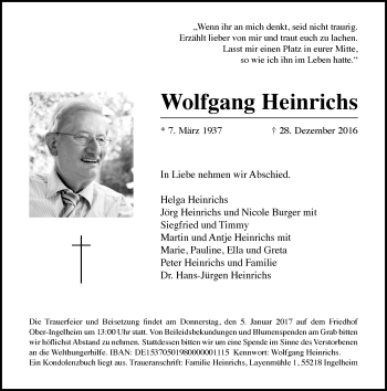 Traueranzeige von Wolfgang Heinrichs von Trauerportal Rhein Main Presse