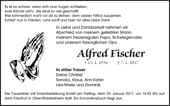 Traueranzeige von Alfred Fischer von  Kreisanzeiger