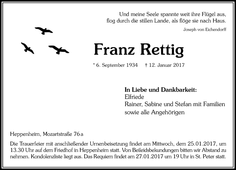  Traueranzeige für Franz Rettig vom 21.01.2017 aus Trauerportal Echo Online
